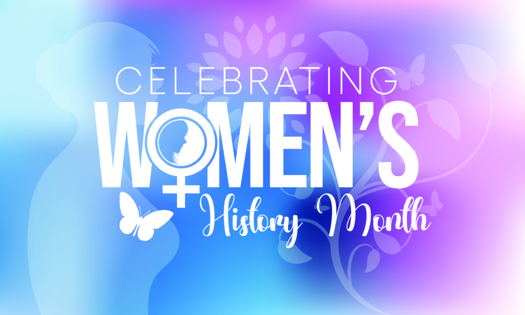 A purple and blue gradient background with the words "Celebrating Women's History Month"